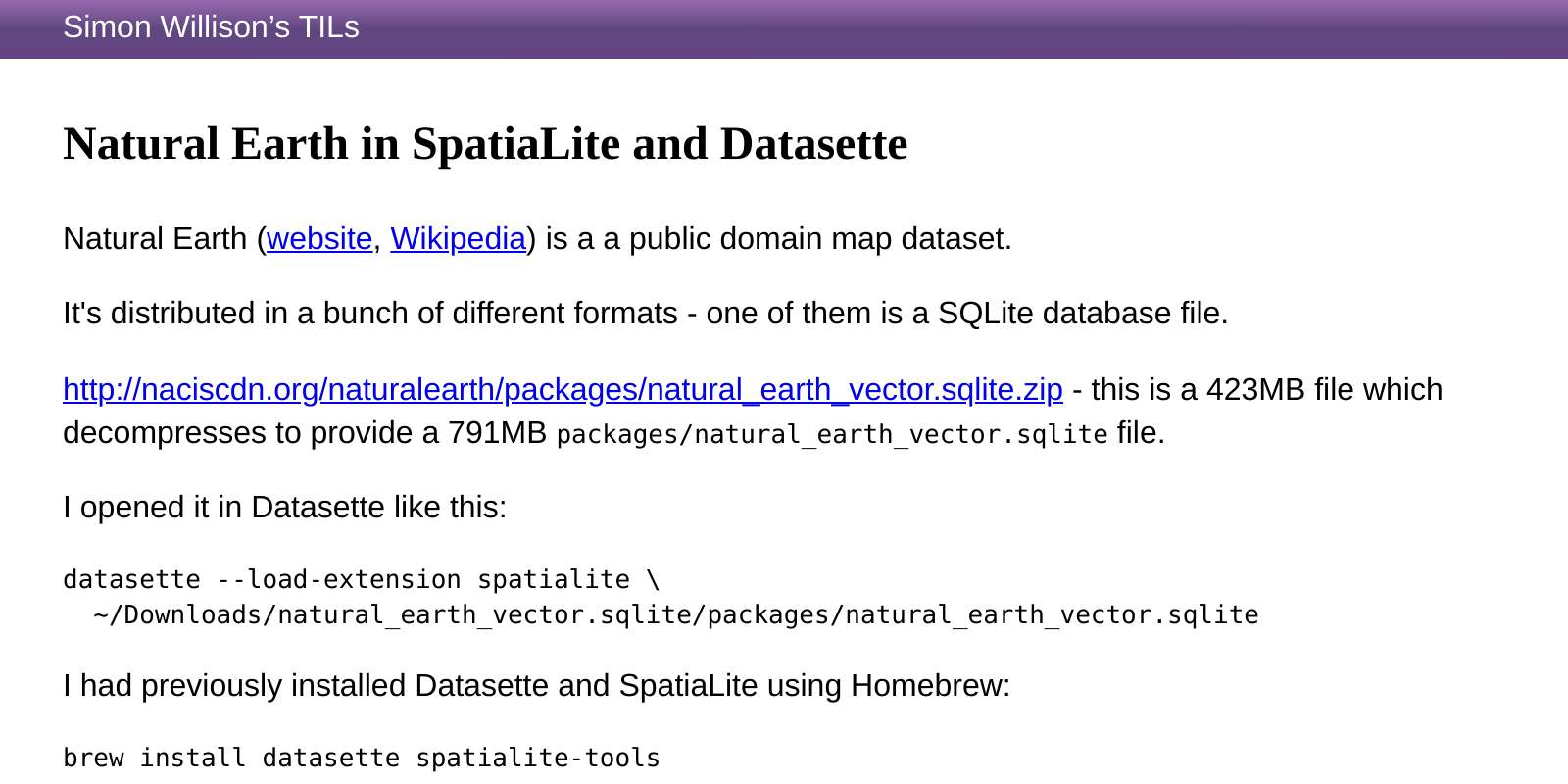 Natural Earth in SpatiaLite and Datasette | Simon Willison’s TILs