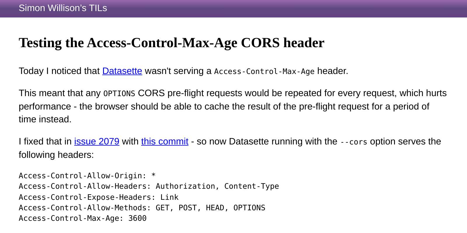 Testing the AccessControlMaxAge CORS header Simon Willison’s TILs