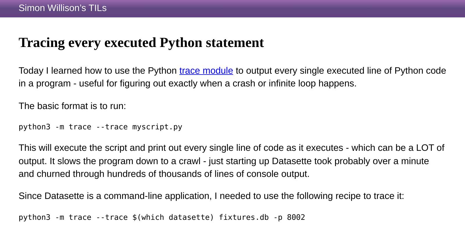 Tracing every executed Python statement | Simon Willison’s TILs