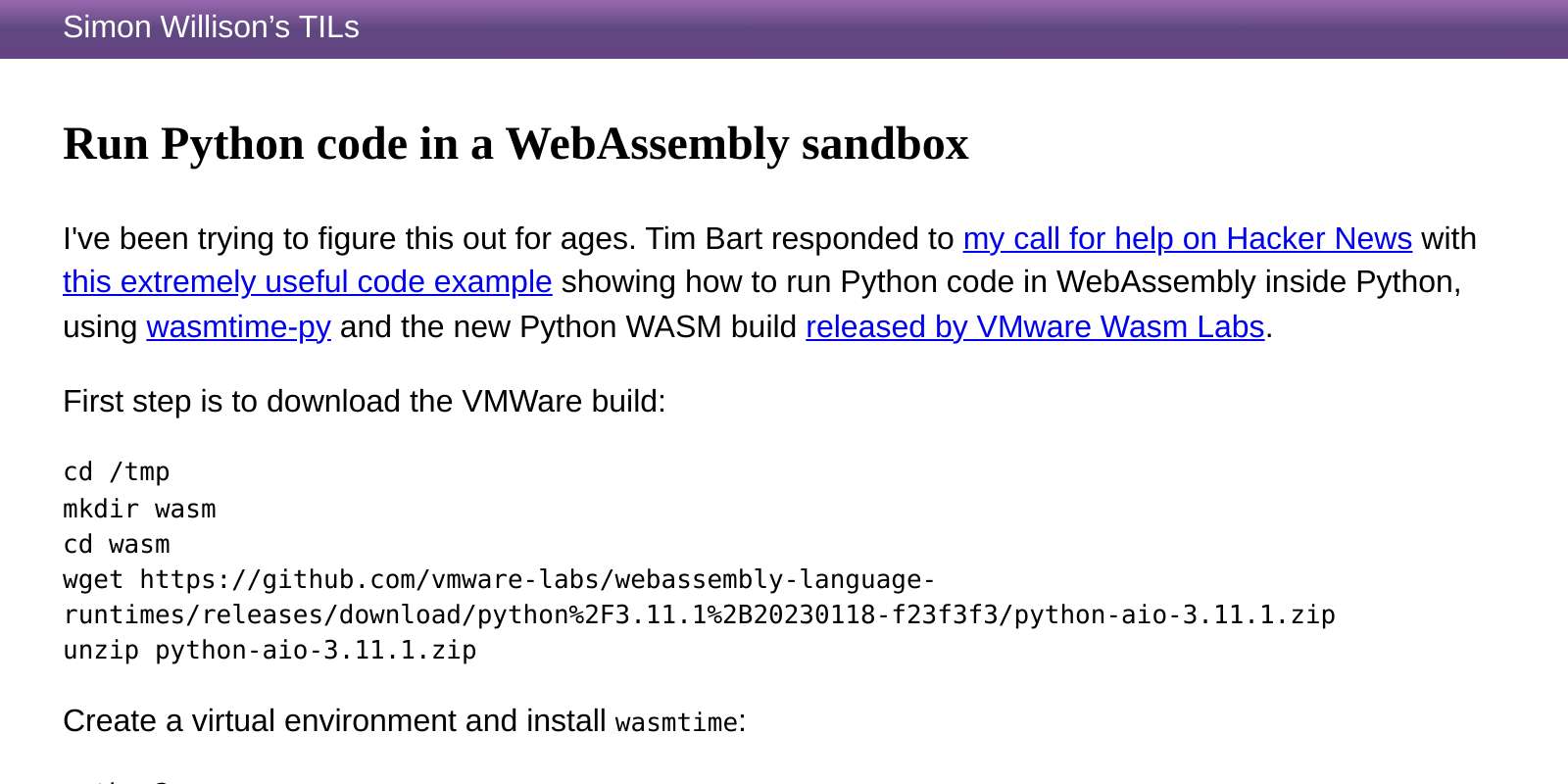 Run Python code in a WebAssembly sandbox | Simon Willison’s TILs