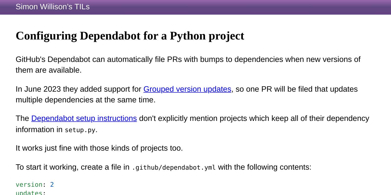 Configuring Dependabot for a Python project | Simon Willison’s TILs
