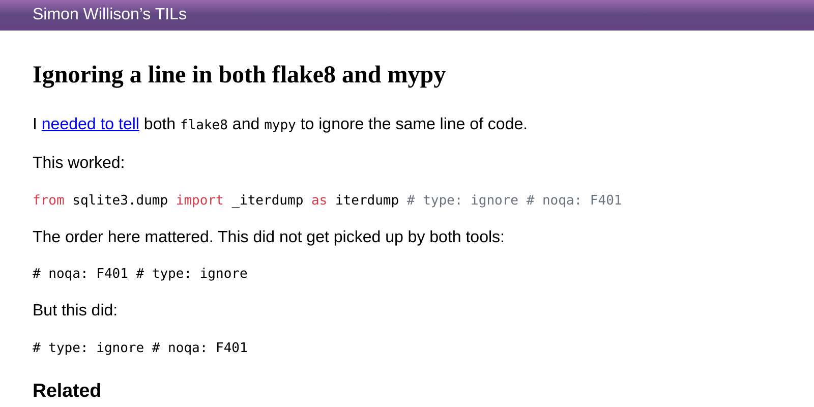 Ignoring a line in both flake8 and mypy | Simon Willison’s TILs