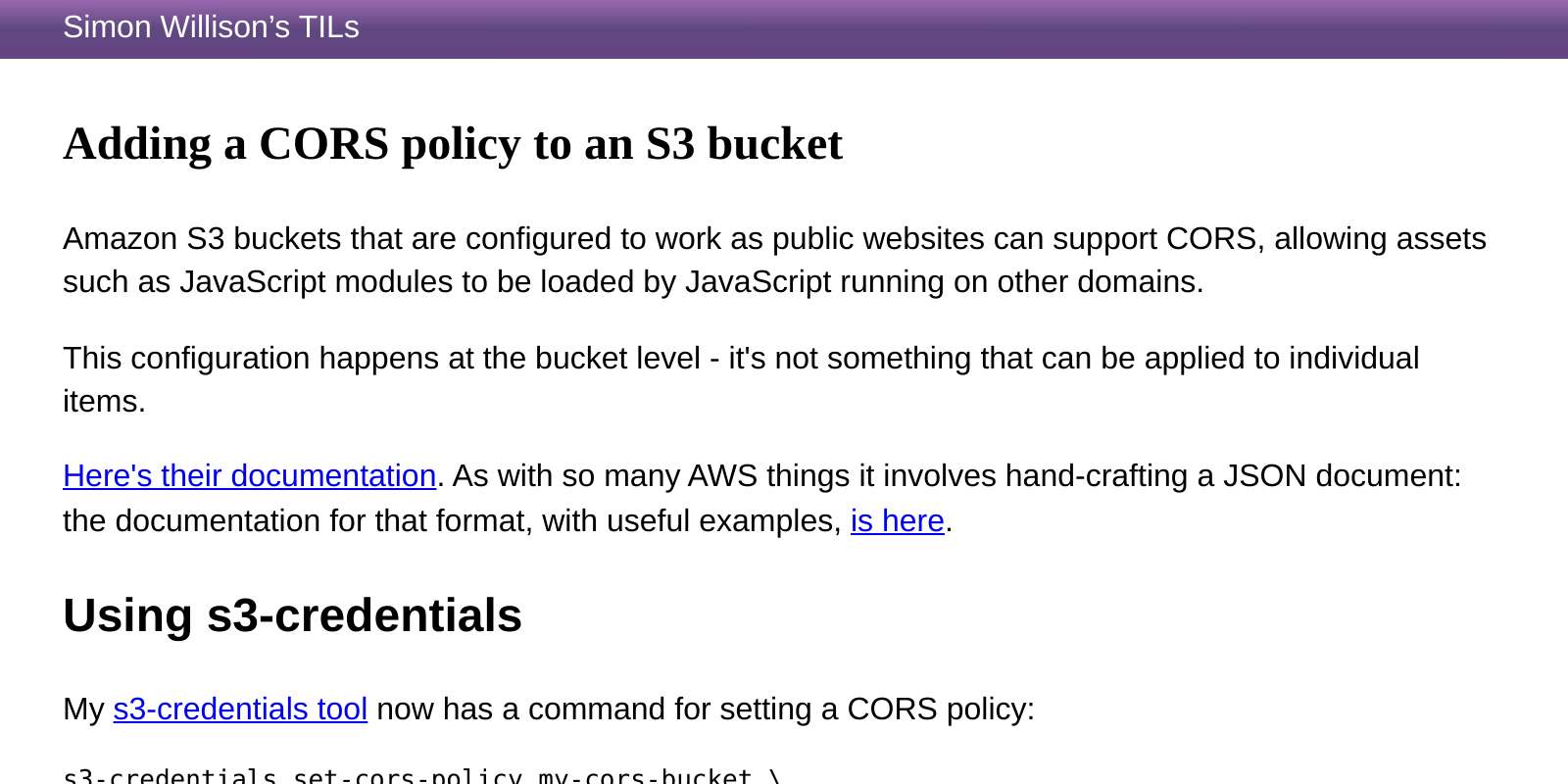 Adding a CORS policy to an S3 bucket Simon Willison’s TILs