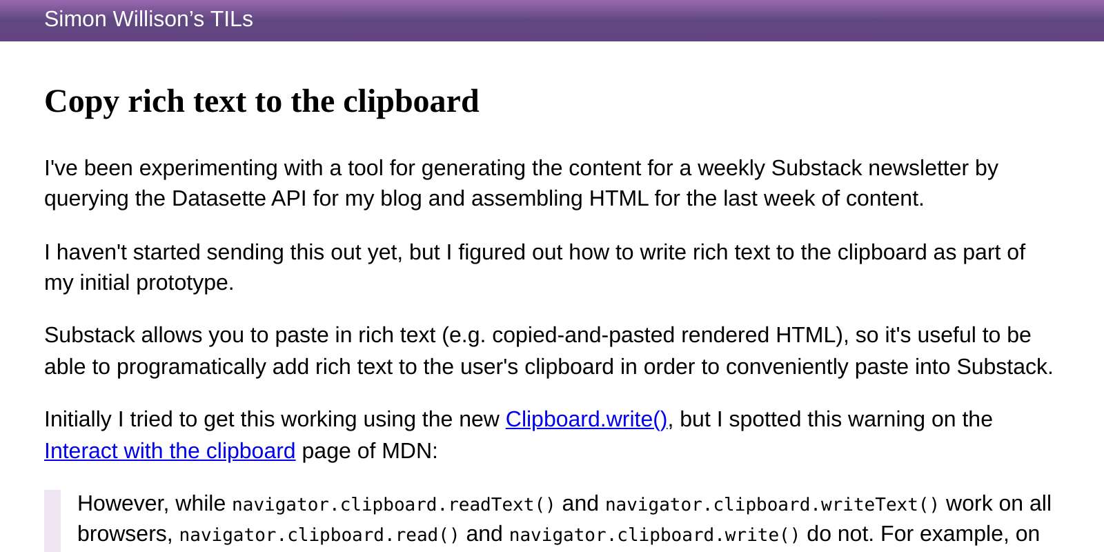 Copy rich text to the clipboard Simon Willison’s TILs
