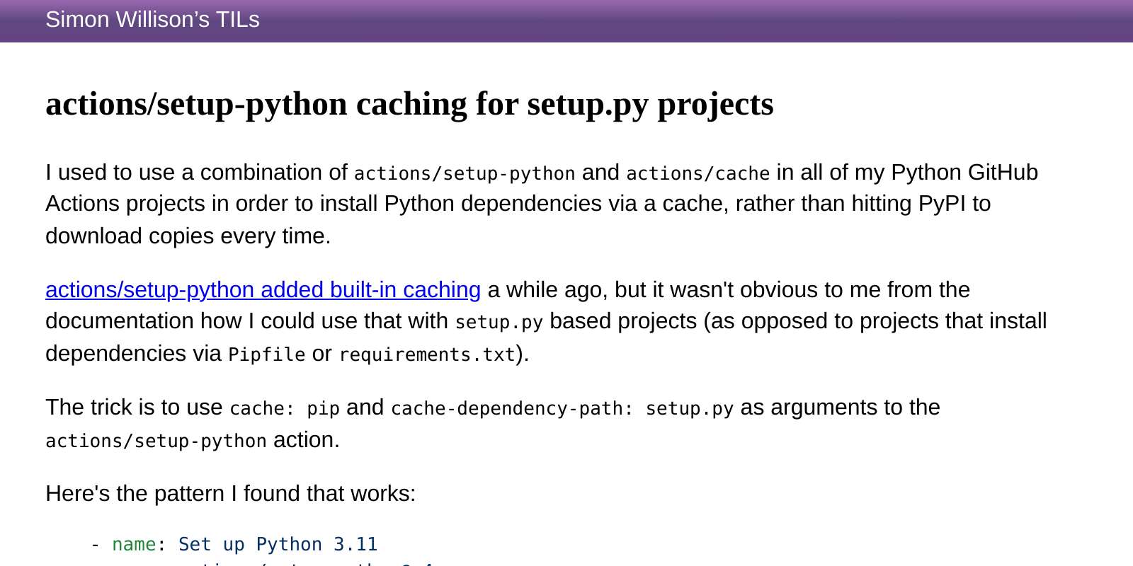 actions/setup-python caching for setup.py projects | Simon Willison’s TILs