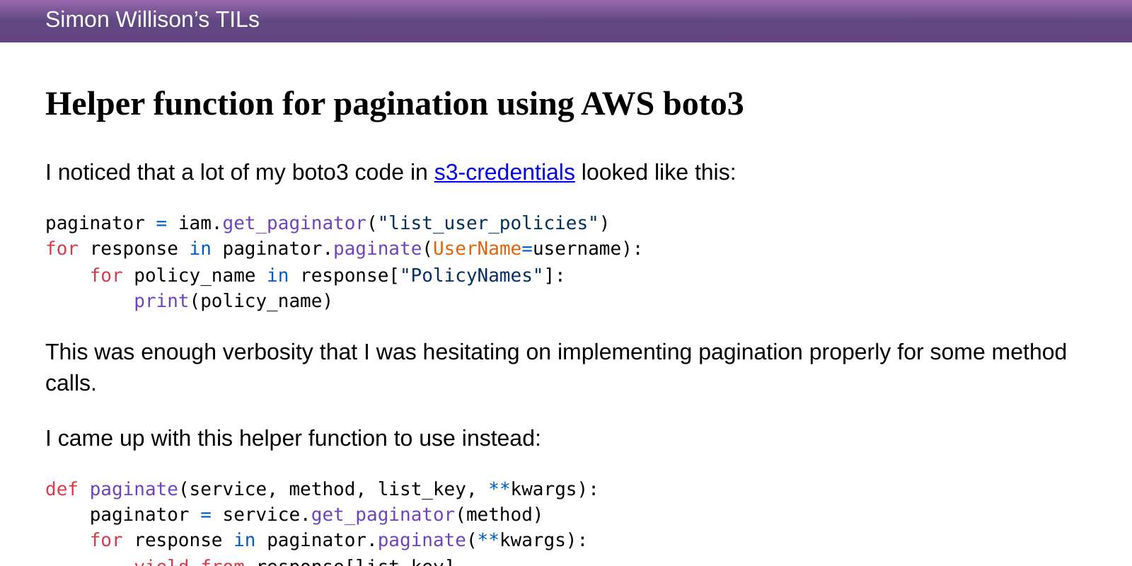 Helper function for pagination using AWS boto3 Simon Willison’s TILs