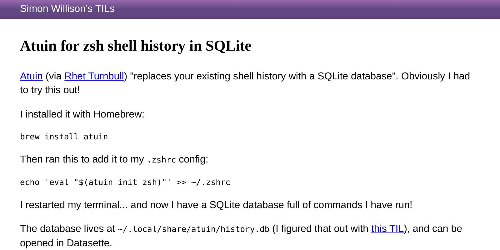 Atuin for zsh shell history in SQLite | Simon Willison’s TILs