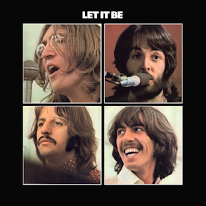 Let It Be: The LP cover was designed by John Kosh and includes individual photos of the four band members, again taken by Russell. On the front cover, the photos are set in quadrants on a black surround.