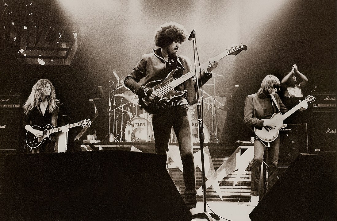 Thin Lizzy performing in 1983 (left to right): John Sykes, Phil Lynott, Scott Gorham and Darren Wharton. (Brian Downey not visible)