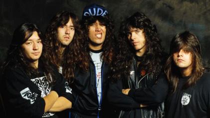 The 1986–1992 lineup of Testament is known as the "classic lineup" of the band. Pictured from left to right are Eric Peterson, Greg Christian, Chuck Billy, Alex Skolnick and Louie Clemente.