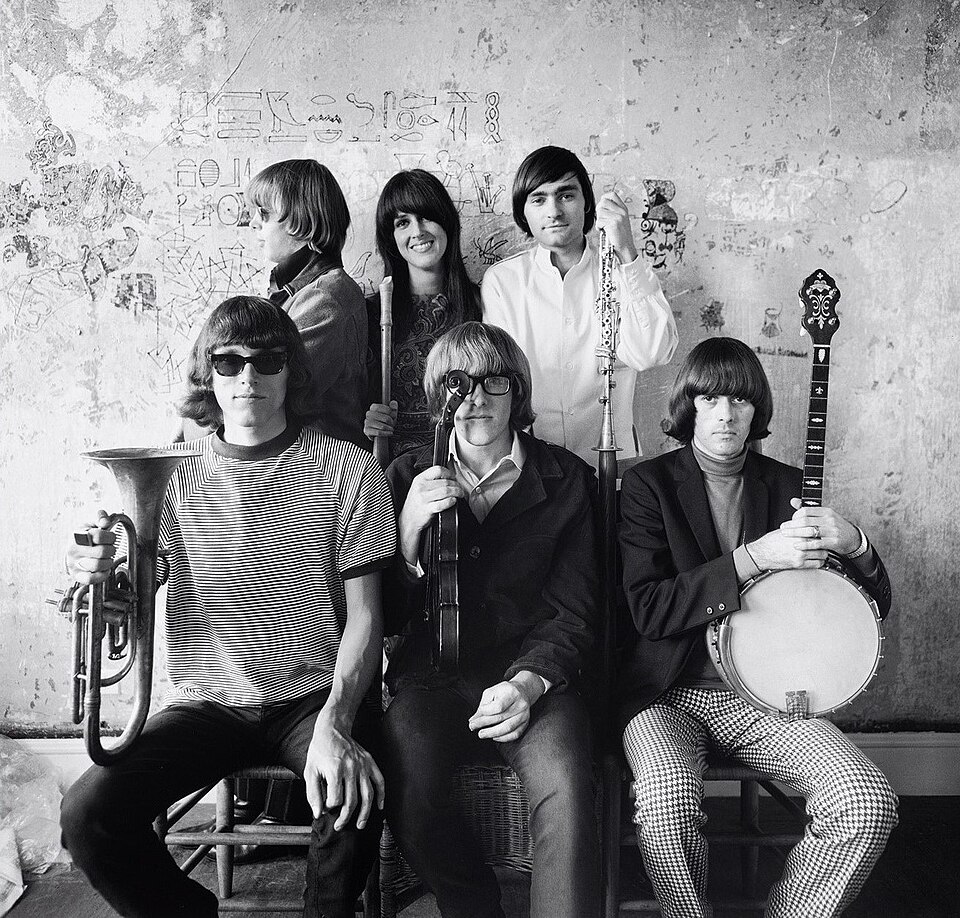 Jefferson Airplane photographed by Herb Greene in his dining room, San Francisco, late 1966; top row from left: Jack Casady, Grace Slick, Marty Balin; bottom row from left: Jorma Kaukonen, Paul Kantner, Spencer Dryden