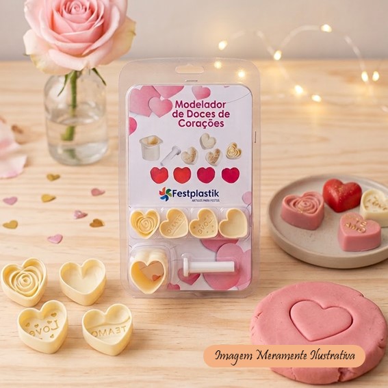Modelador de Doces e Chocolates - Corações Românticos - 4 Moldes - Festplastik