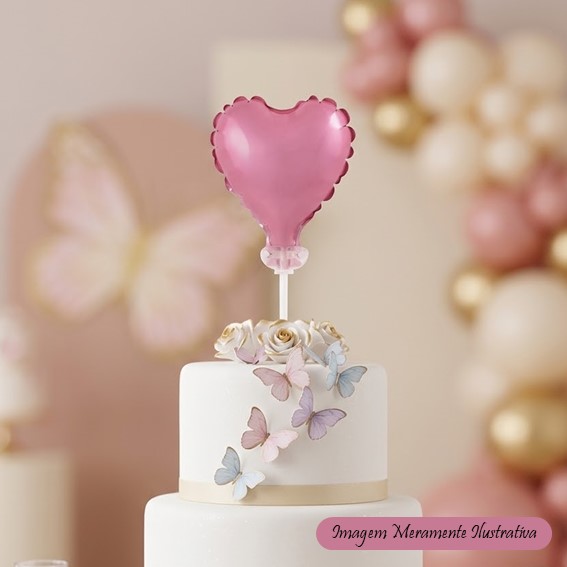 Topo de Bolo - Cake Topper Balão Coração - Rosa- 9,5 x 9,5 cm - Valor Unitário