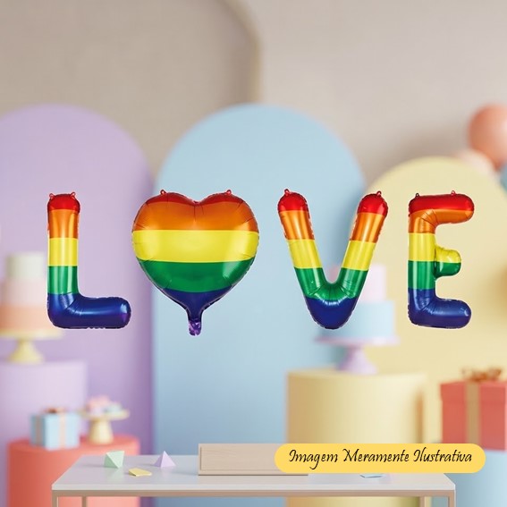 Balão Love Colorido Arco-Iris Metalizado - Animare - kit com 3 letras e 1 coração