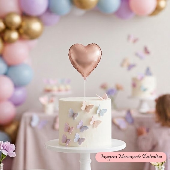 Topo de Bolo - Cake Topper  Balão Coração - Rose Gold - 9,5 x 9,5 cm - Valor Unitário