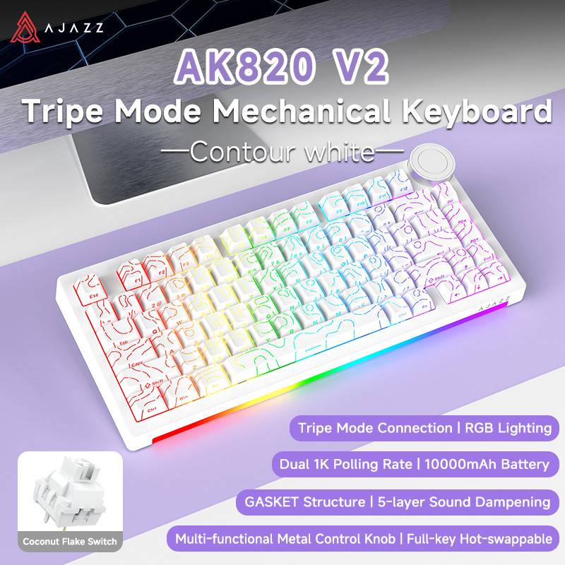 Teclado Mecânico Sem Fio Ajazz AK820 V2  Com Tela Tri-Mode White Peach Switch- (WHITE)