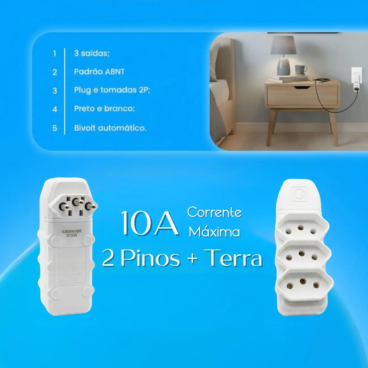 Multiplicador De Tomadas 3 Saídas 10A 2P+T Bivolt Branco - Qualitronix 0203001BR Qualitronix - imagem 8
