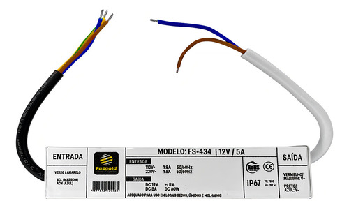 Fonte 12V/5A Blindada - Gold - IP67 - Resistente A Agua - 60WFASGOLD