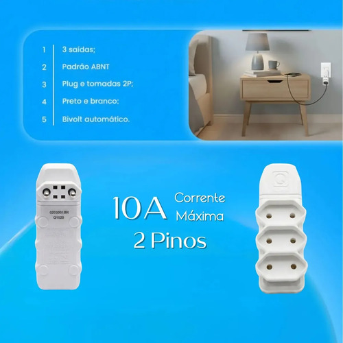 Multiplicador De Tomadas 3 Saídas 10A 2 Pinos Bivolt Branco - Qualitronix 0203000BR Qualitronix - imagem 5