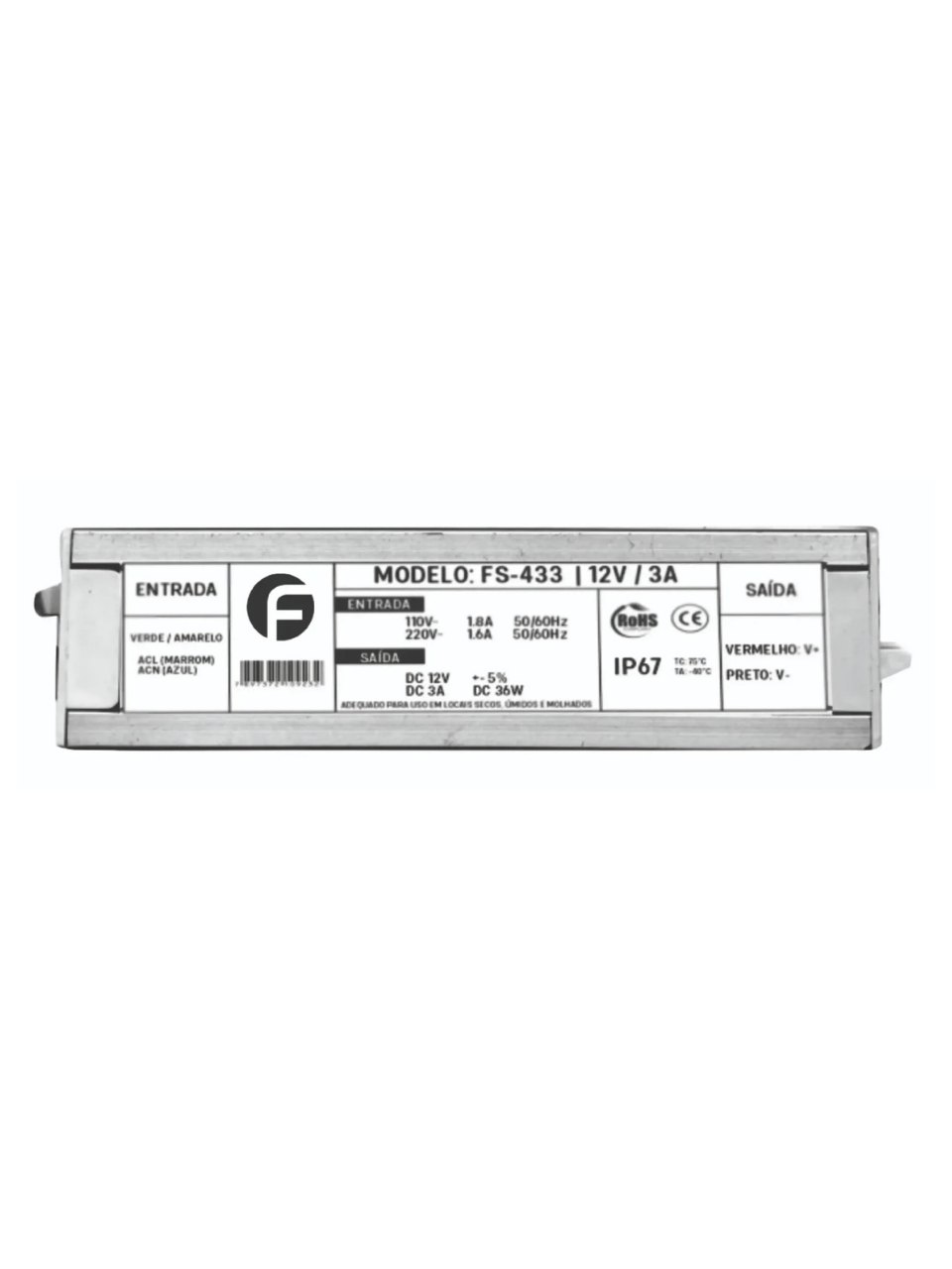 Fonte 12V 3A Blindada IP67 Gold - FS-433 - Fasgold