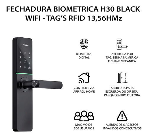 Fechadura Eletronica Digital AGL - H30 Black Wi-Fi - Unidade 1106341 AGL - imagem 5