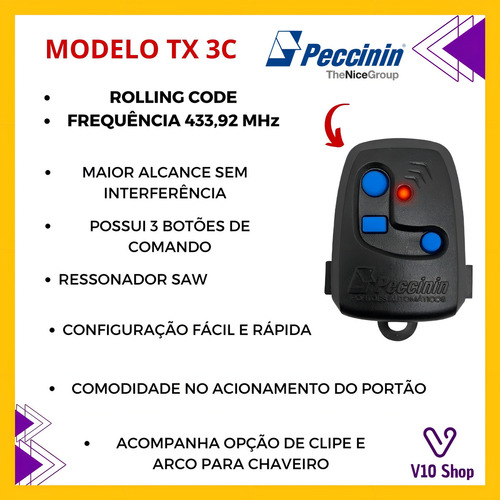 Kit 10X Controles Remoto Peccinin Tx 3C 433,92MHz Preto P/ Portão Automático MLB4409447881 Peccinin - imagem 3