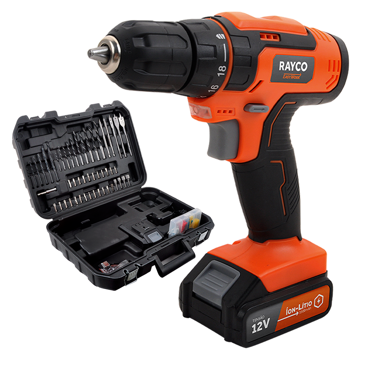 Parafusadeira Furadeira 12V + Maleta C/ 110 Pçs Bivolt - Rayco