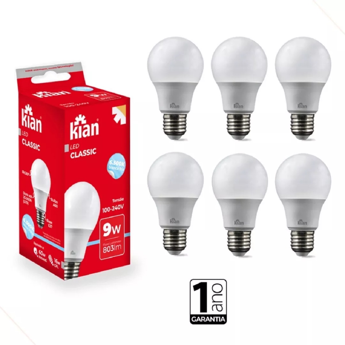 Kit 6 Lâmpadas Kian Led 9w Bivolt E27 6500k Kian Branco Frio