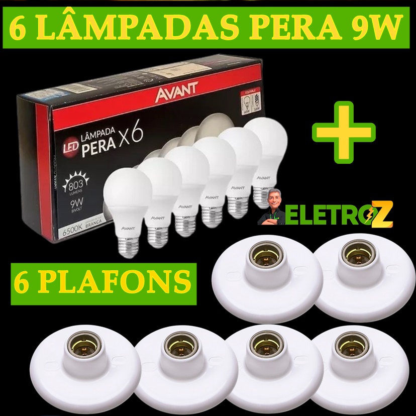 Kit 06 Plafon Plafonier Branco Bocal E27 + 06 Lâmpada Led 9w Branco Frio