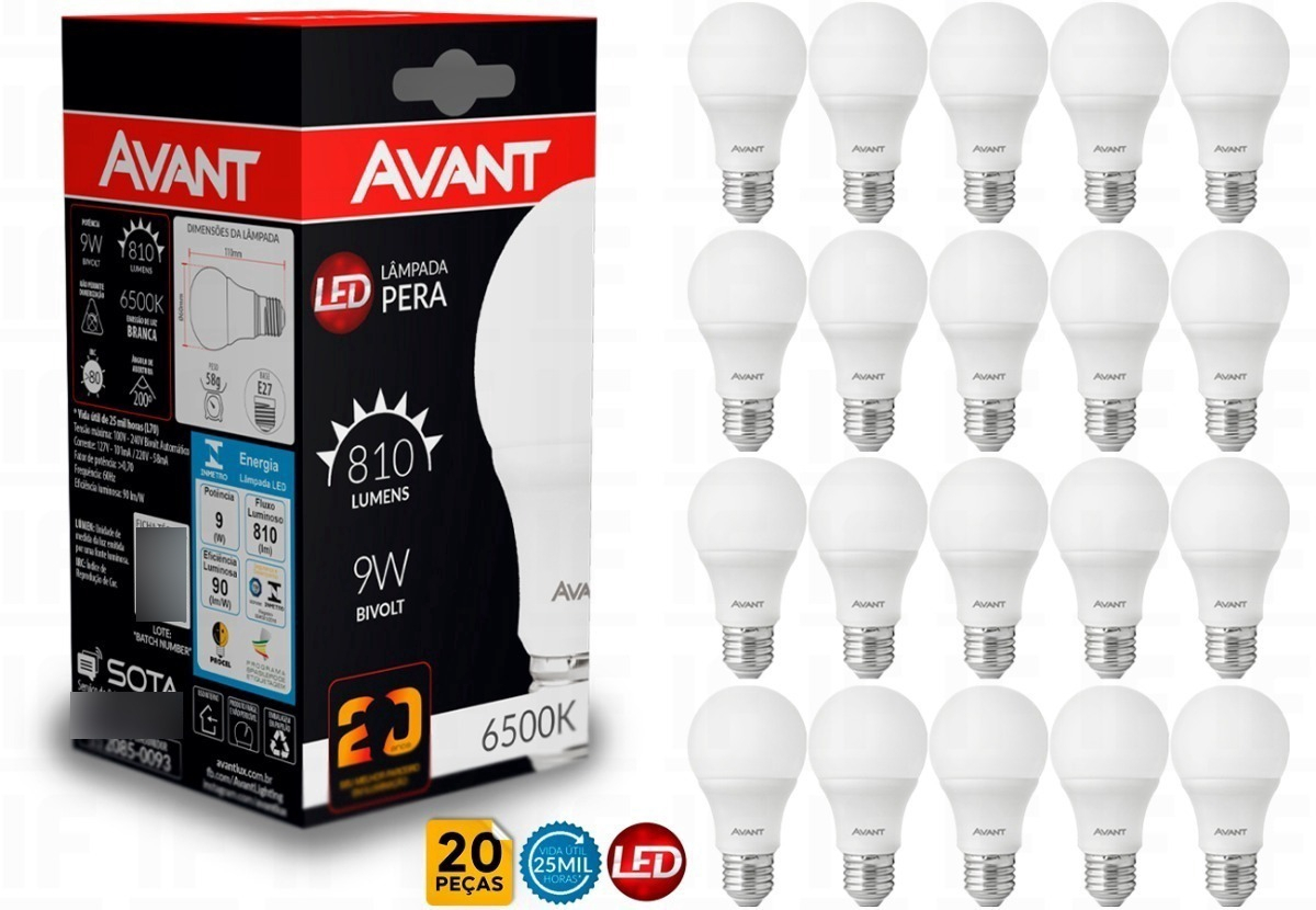 Kit 20 Lâmpadas Bulbo Led Avant 9w E27 6500k Bivolt
