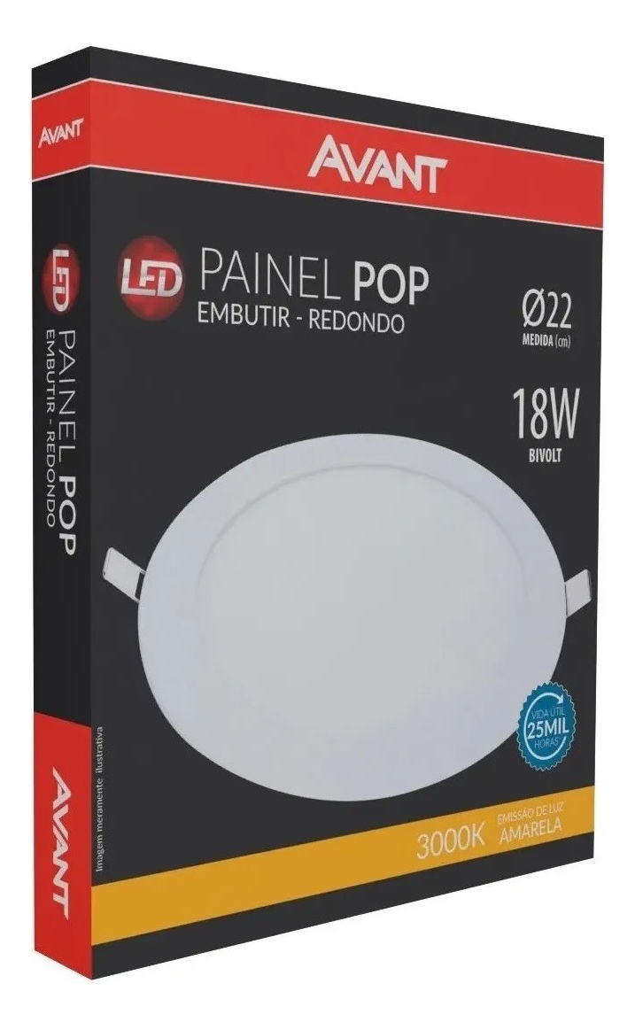 10 Painéis Redondo Embutir 18w Branco Quente 3000k Amarela