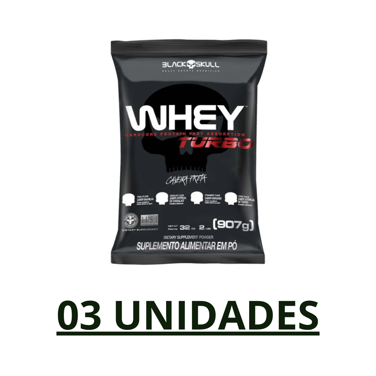 Combo 03 unidades - Whey Protein Turbo Refil 907g Black Skull - Morango