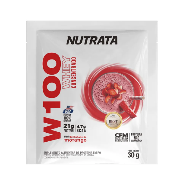 W100 Whey Concentrado Sache 30g Morango Nutrata