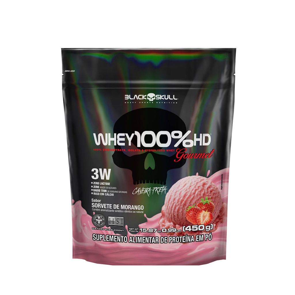 Whey 100% Hd Gourmet Refil 450g Black Skull - Sorvete Morango