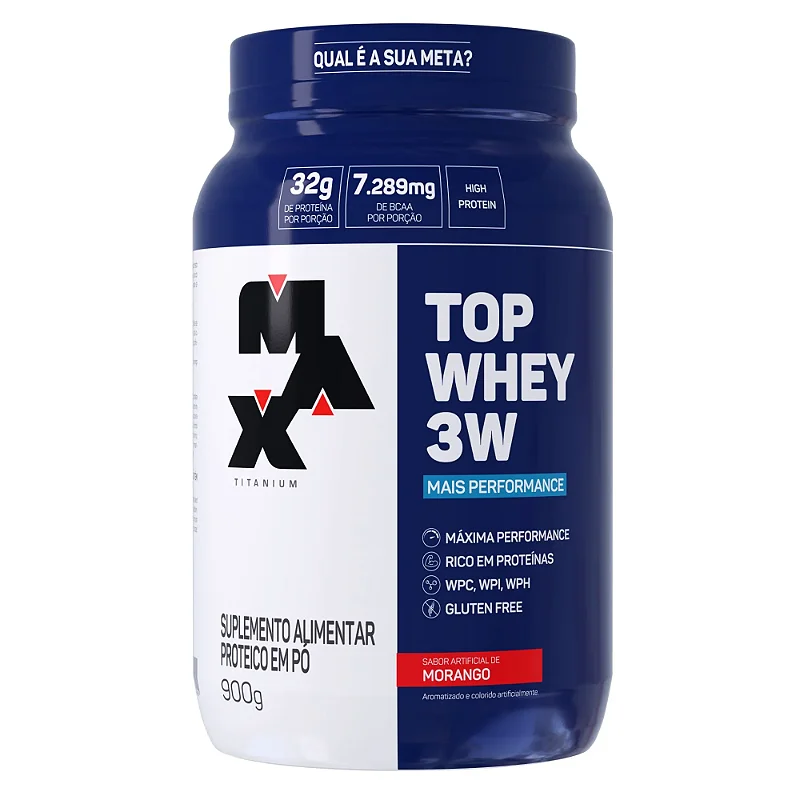 Top Whey 3W+Performance Pote 900g Max Titanium - Morango