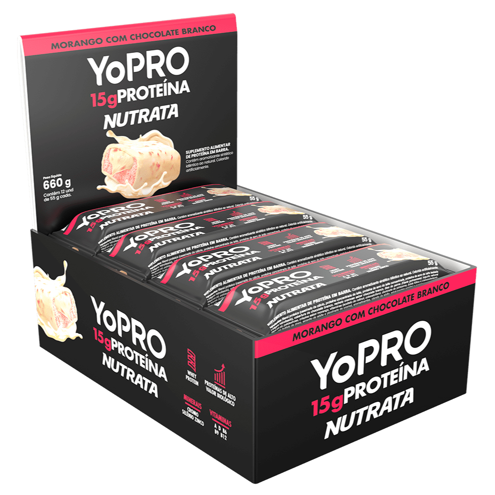 Barra De Proteina Yopro 55g Display Com 12un Nutrata - Morango Com Chocolate Branco
