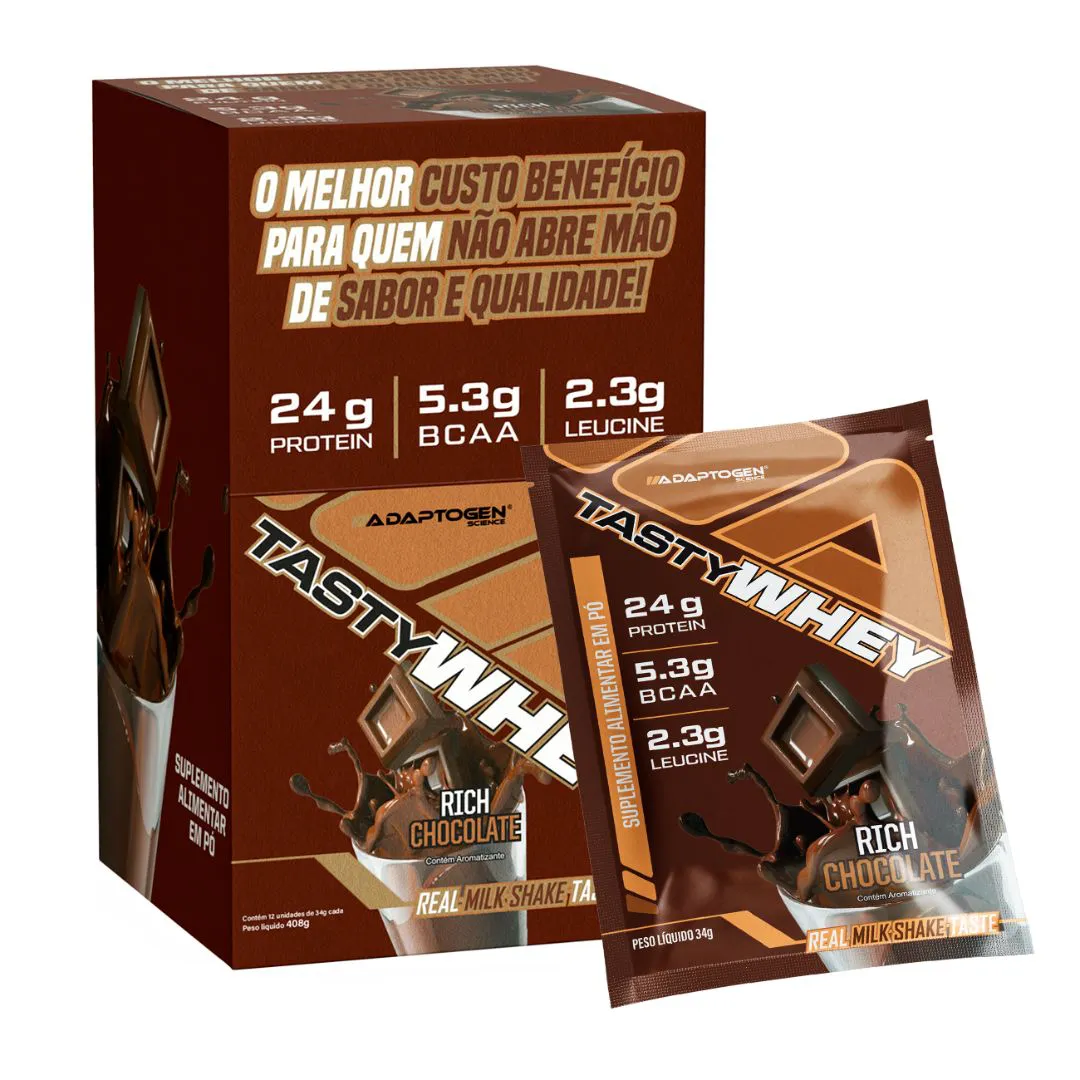 Foto de Packet Tasty Whey 34g Display com 12un Adaptogen - Rich Chocolate