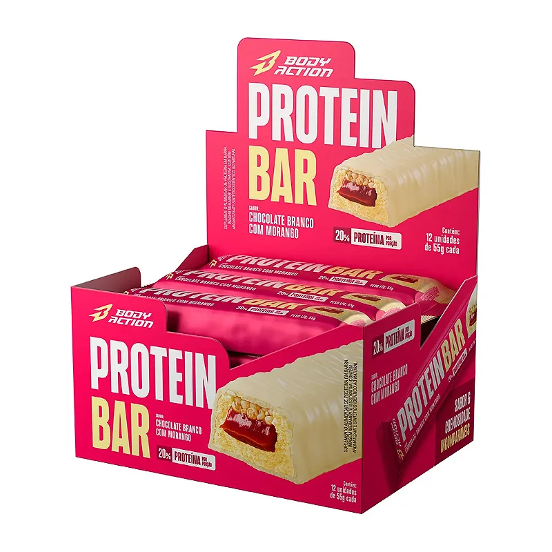 Foto de Protein Bar 55g Display Com 12un BodyAction - Chocolate Branco Com Morango