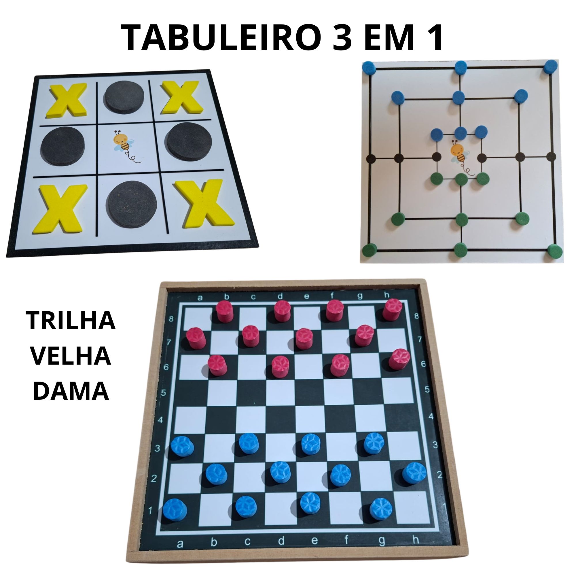 Jogo De Tabuleiro 3 Em 1 Dama Velha Trilha Em Mdf Abelhinha Feliz