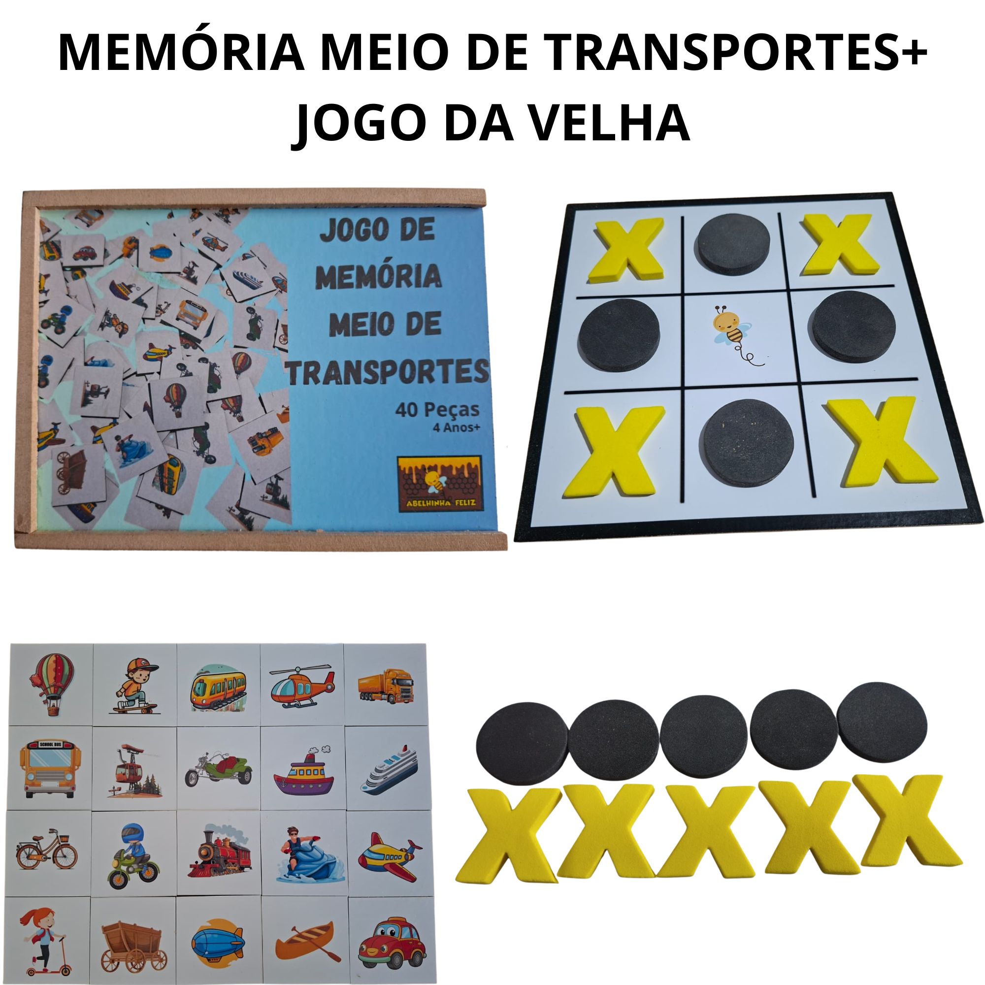 Kit Educativo Infantil  – Memória Meios de Transporte + Jogo da Velha | Abelhinha Feliz