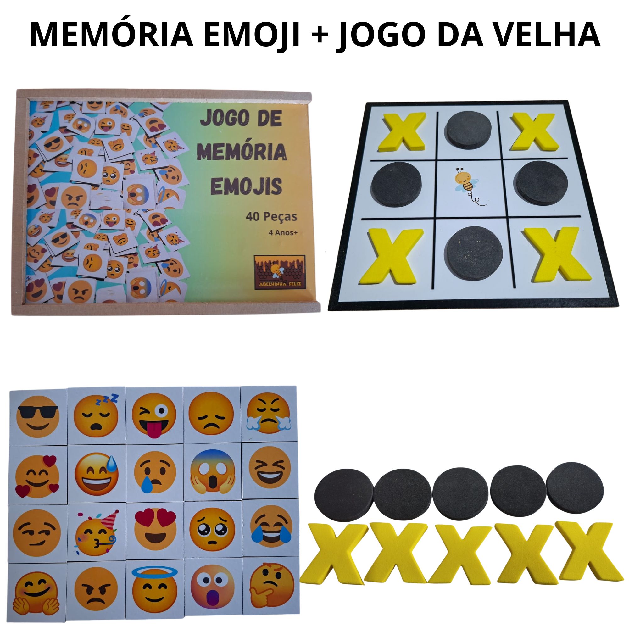Kit Educativo Infantil MDF – Memória Emoji + Jogo da Velha | Abelhinha Feliz