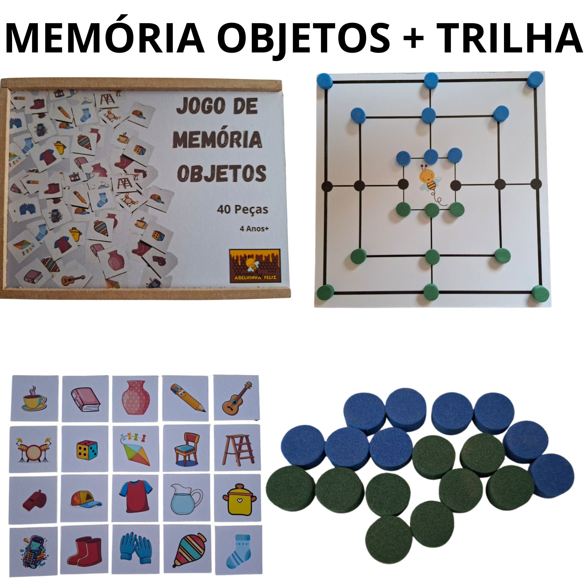 Kit Educativo Infantil MDF – Memória Objetos + Jogo de Trilha | Abelhinha Feliz