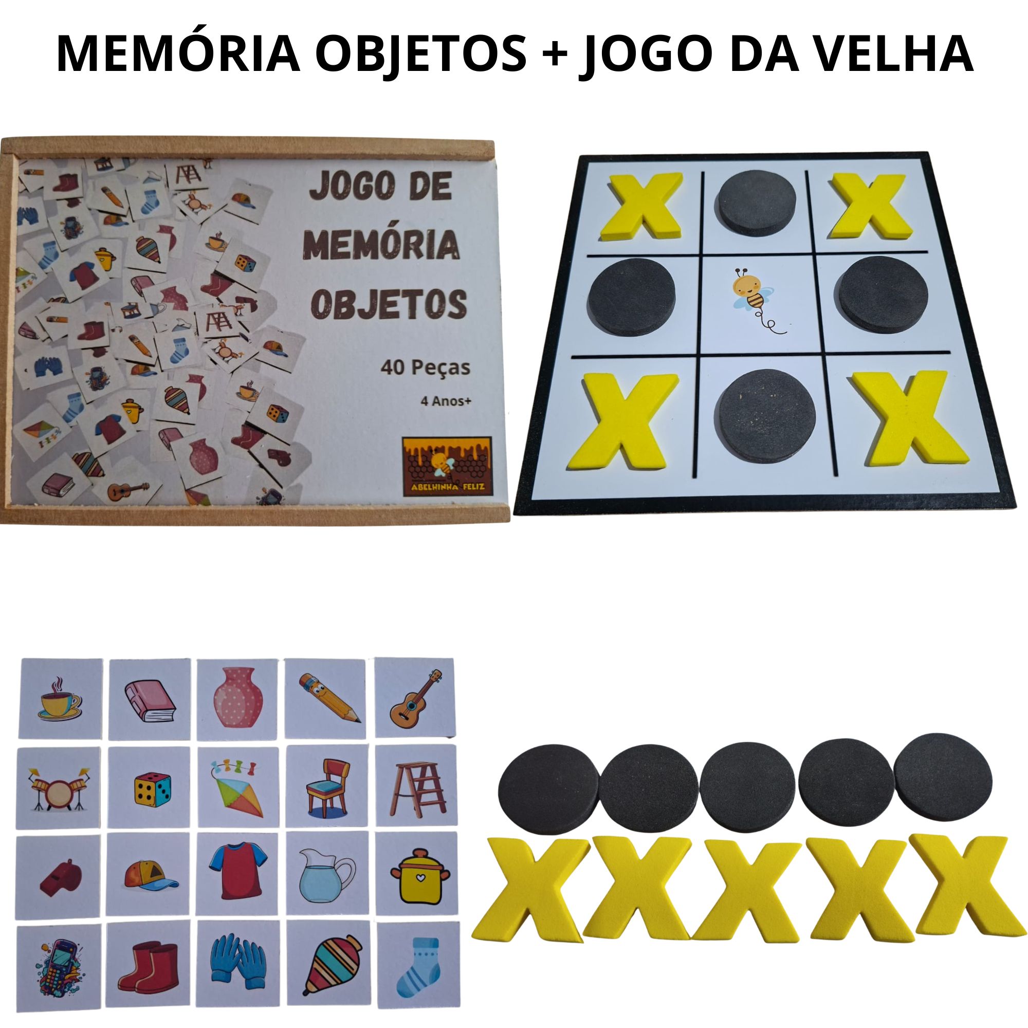 Kit Educativo Infantil – Memória Objetos + Jogo da Velha | Abelhinha Feliz