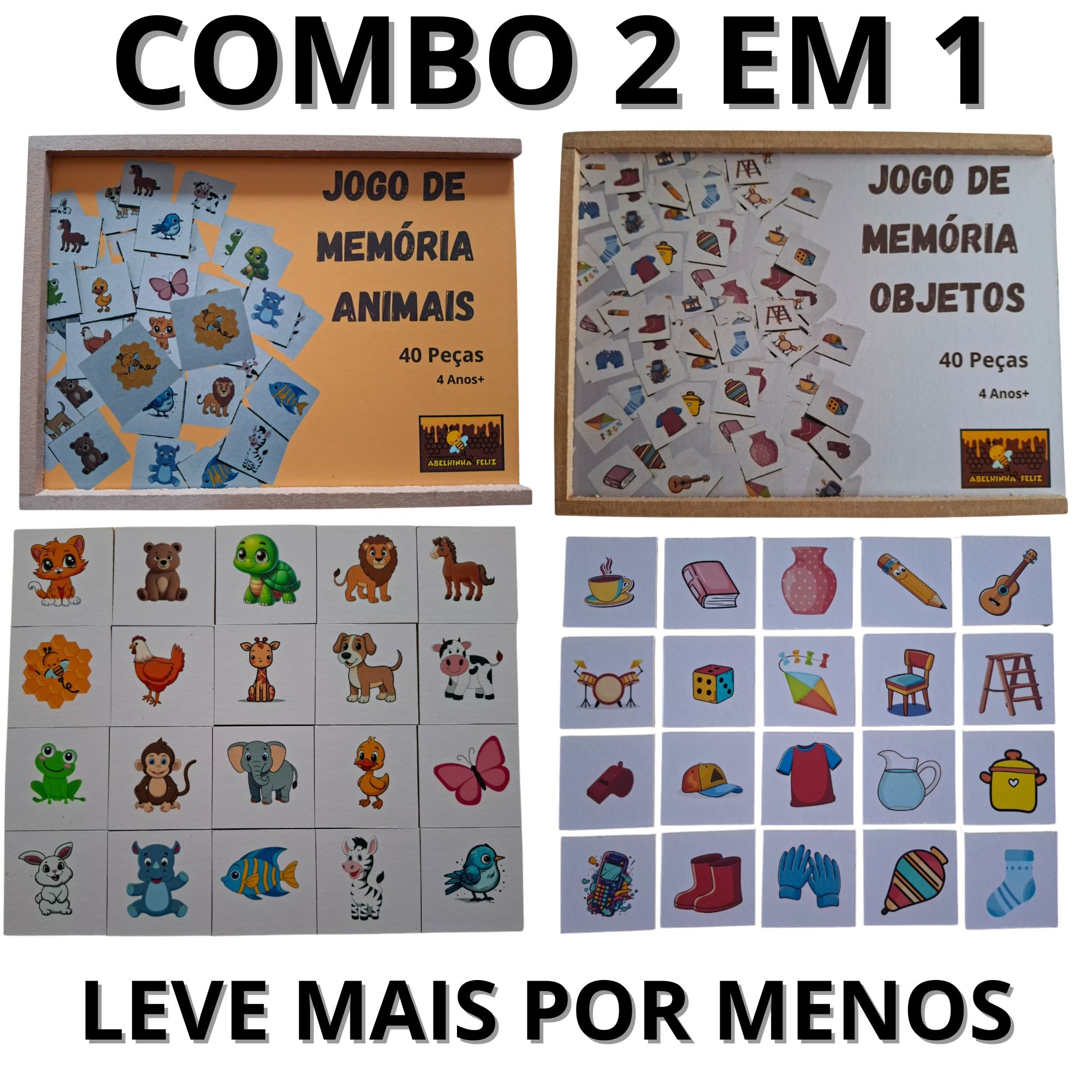 Combo 2 em 1 Abelhinha Feliz Jogo de Memória Animais e Memória Objetos