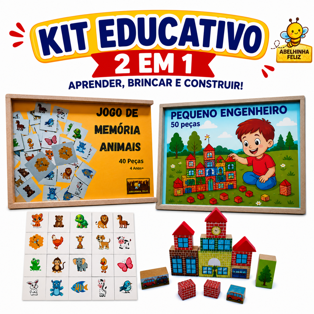 Kit Educativo 2 em 1 Jogo da Memoria Animais e Pequeno Engenheiro Desenvolvimento Cognitivo Infantil