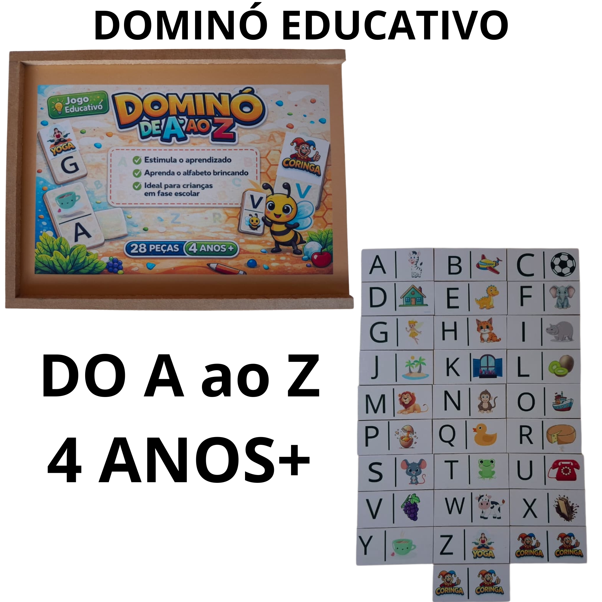Jogo Dominó Educativo A ao Z– 28 Peças Abelhinha Feliz