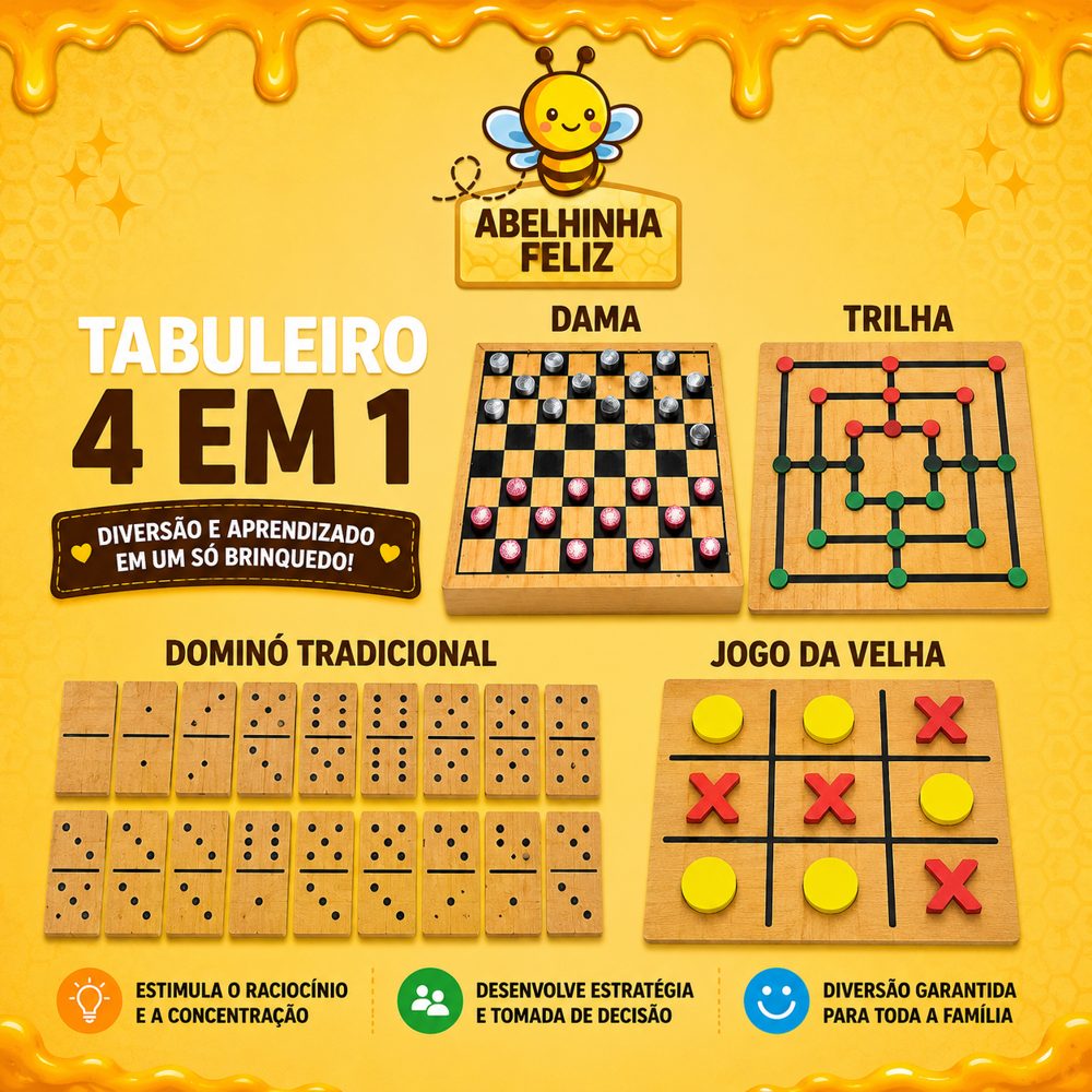 Tabuleiro 4 em 1 Dama Trilha Velha e Dominó Tradicional -Abelhinha Feliz