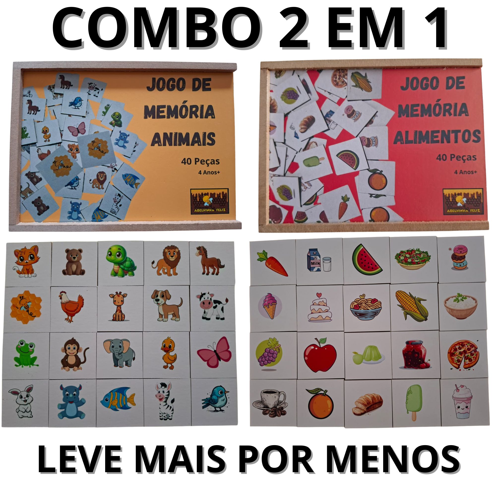 Combo 2 em 1 Abelhinha Feliz Memória Animais e Memória Alimentos