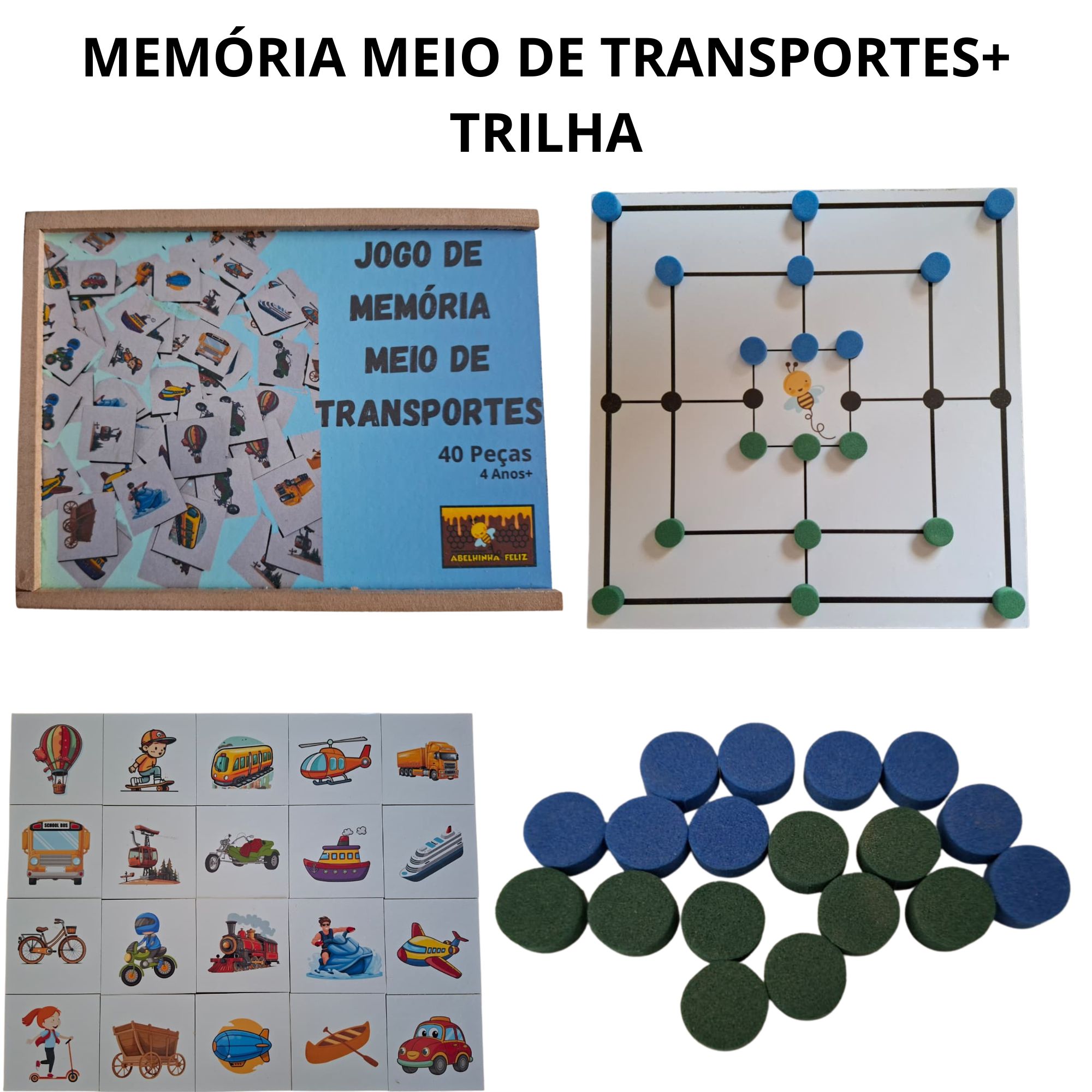 Kit Educativo Infantil – Memória Meios de Transporte + Jogo de Trilha | Abelhinha Feliz