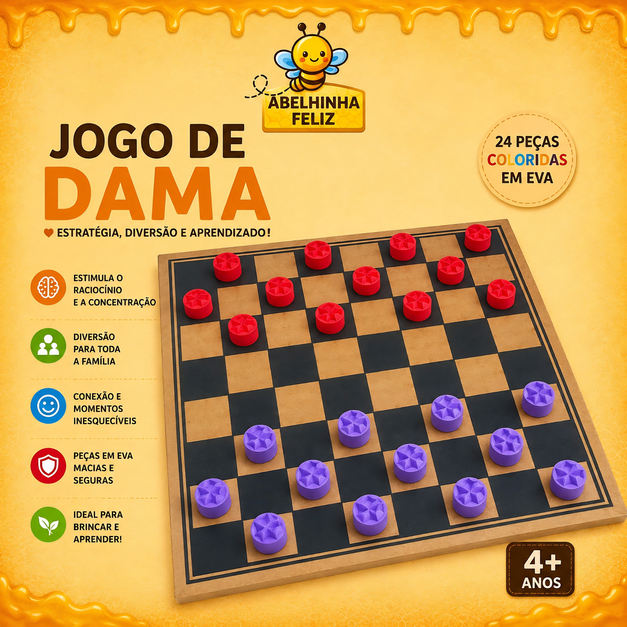 Jogo De Dama Peças Coloridas De Eva - Abelhinha Feliz